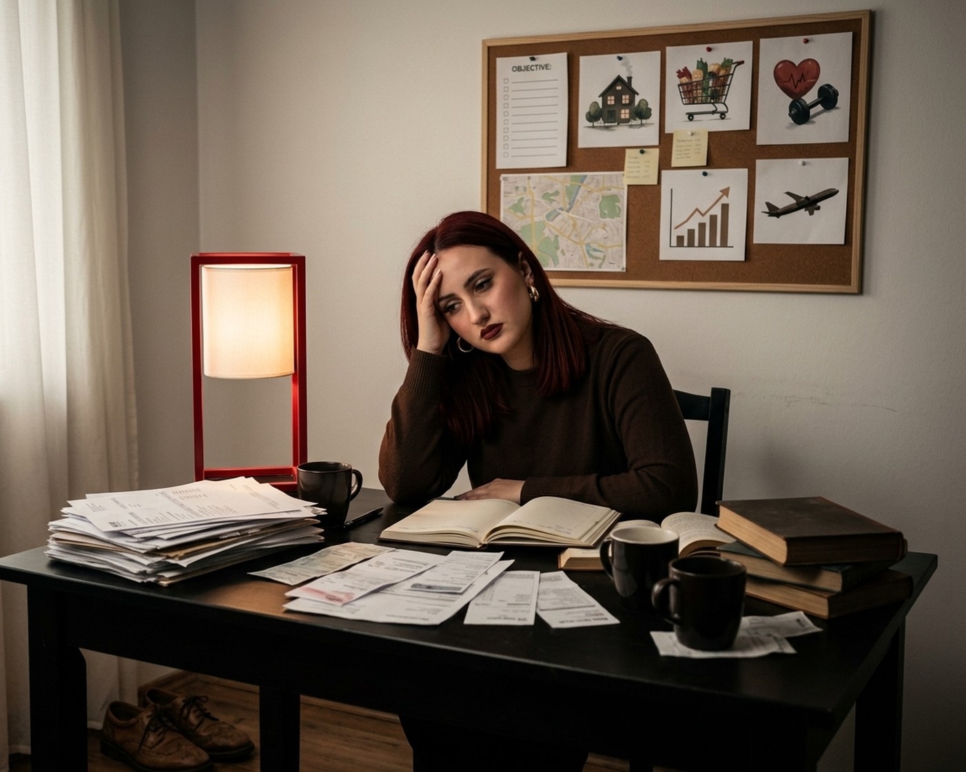 Persoană meditând la acasă, bani, sănătate și călătorii, într-un living cald cu liste, cărți și lumânări.