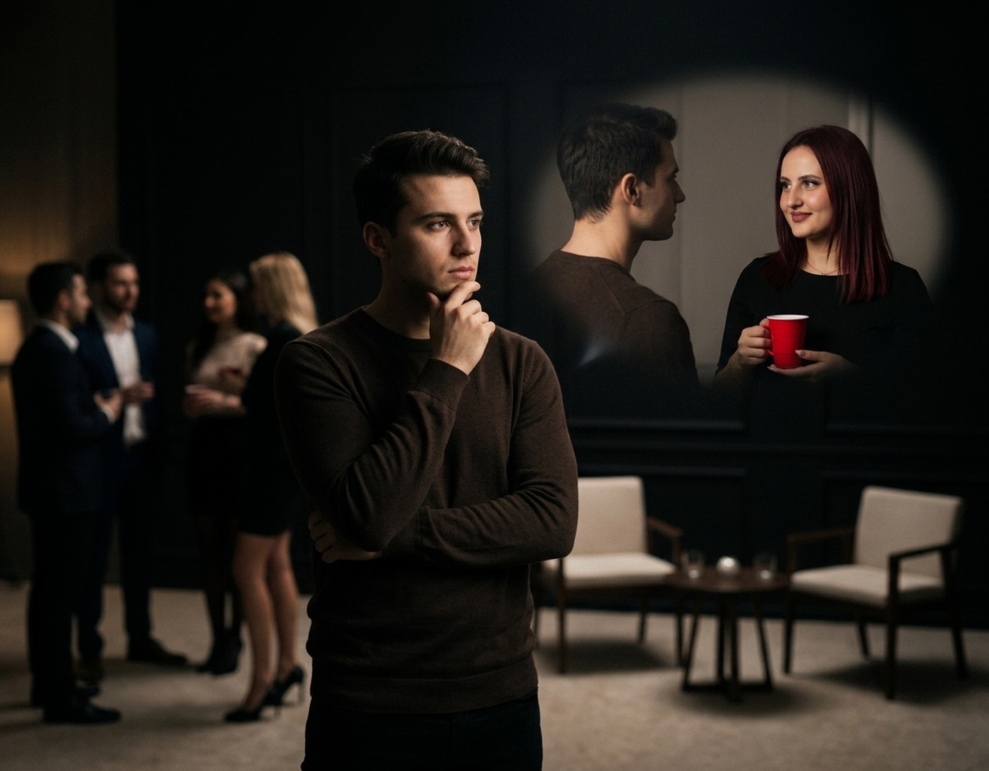 Bărbat gânditor la o petrecere, imaginând conversații și momente cu o femeie într-o lumină caldă.