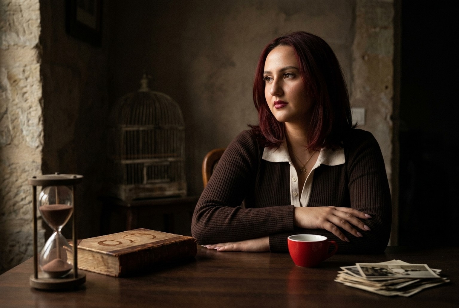 Alee luminată la apus, încadrată de flori roz, lângă o cameră veche cu obiecte uitate și o mască albă.