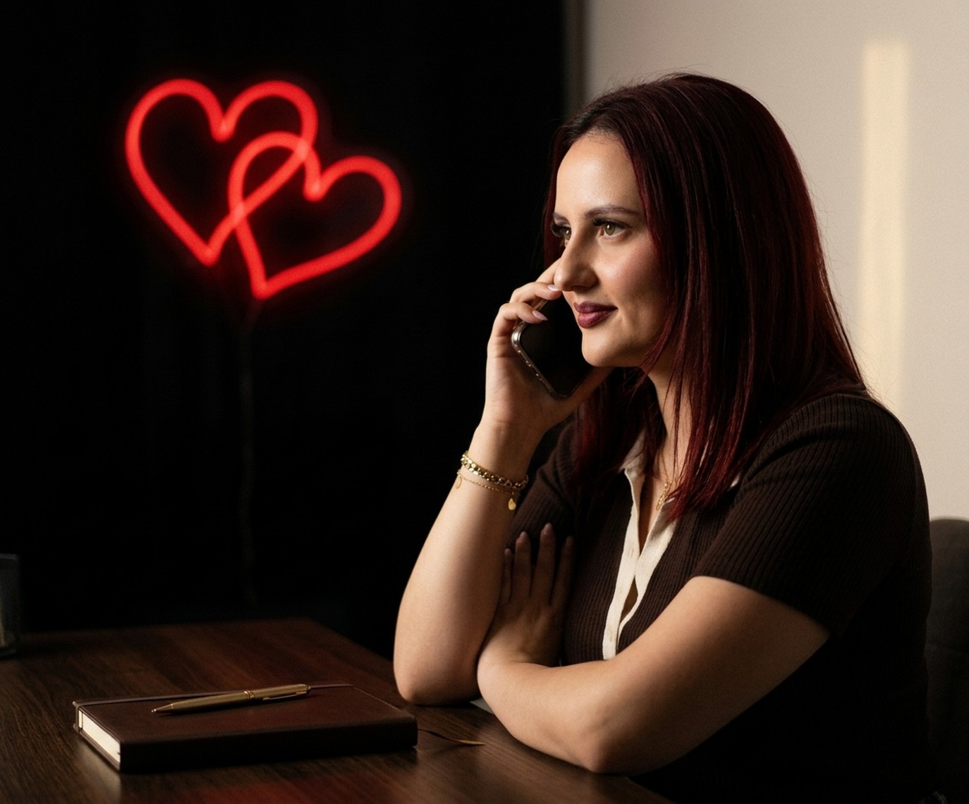 Femeie zâmbitoare vorbește la telefon, cu inimioare desenate și silueta unui bărbat sugerând o conversație romantică.