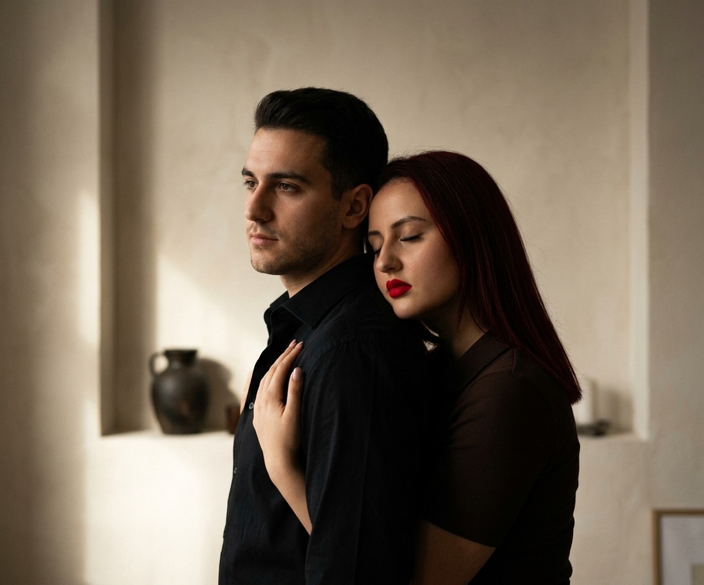 O femeie îmbrățișează cu tandrețe un bărbat, într-o lumină caldă și romantică.