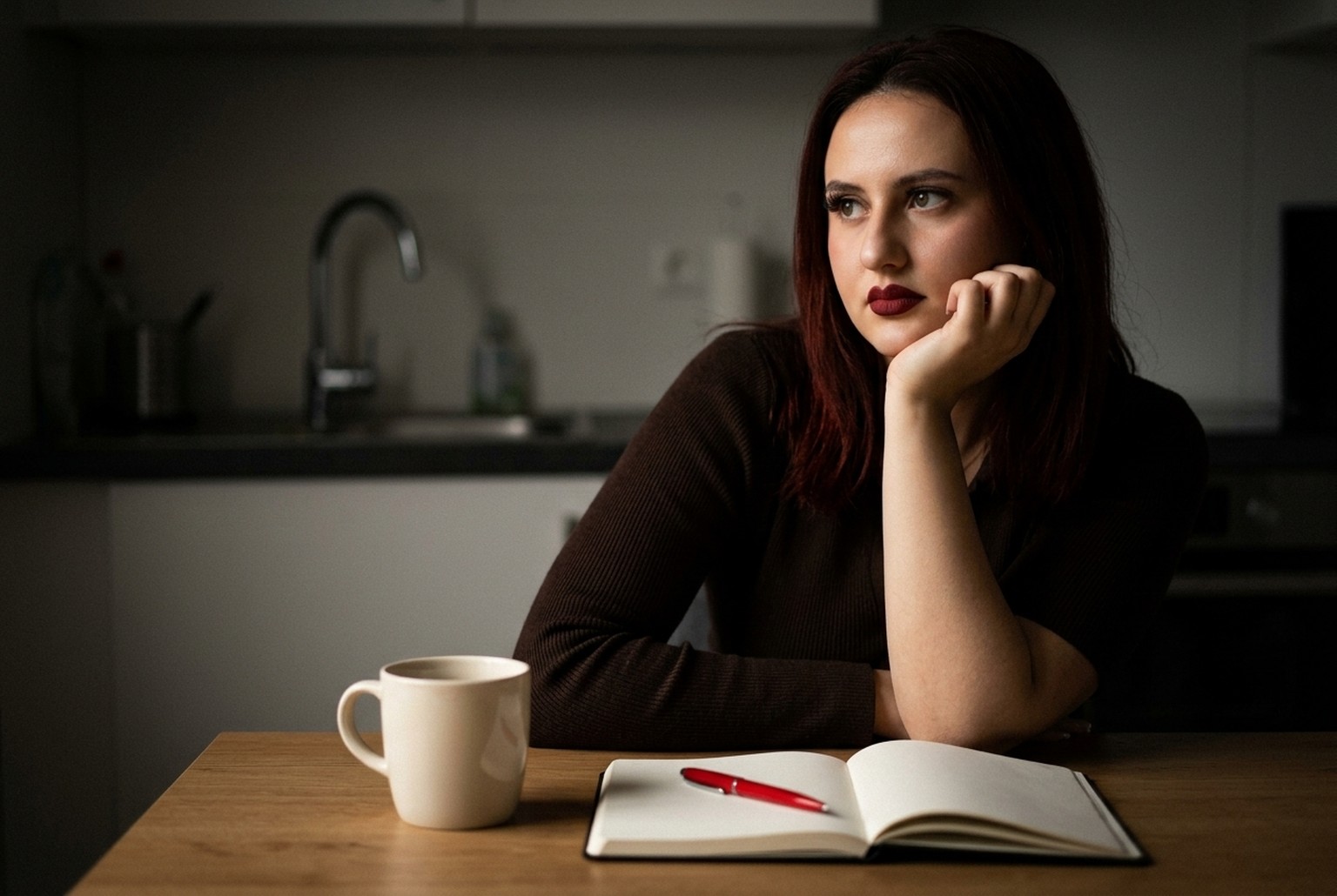 Femeie gânditoare la masă, cu cafea și carnețel, înconjurată de scene calde despre casă și familie.