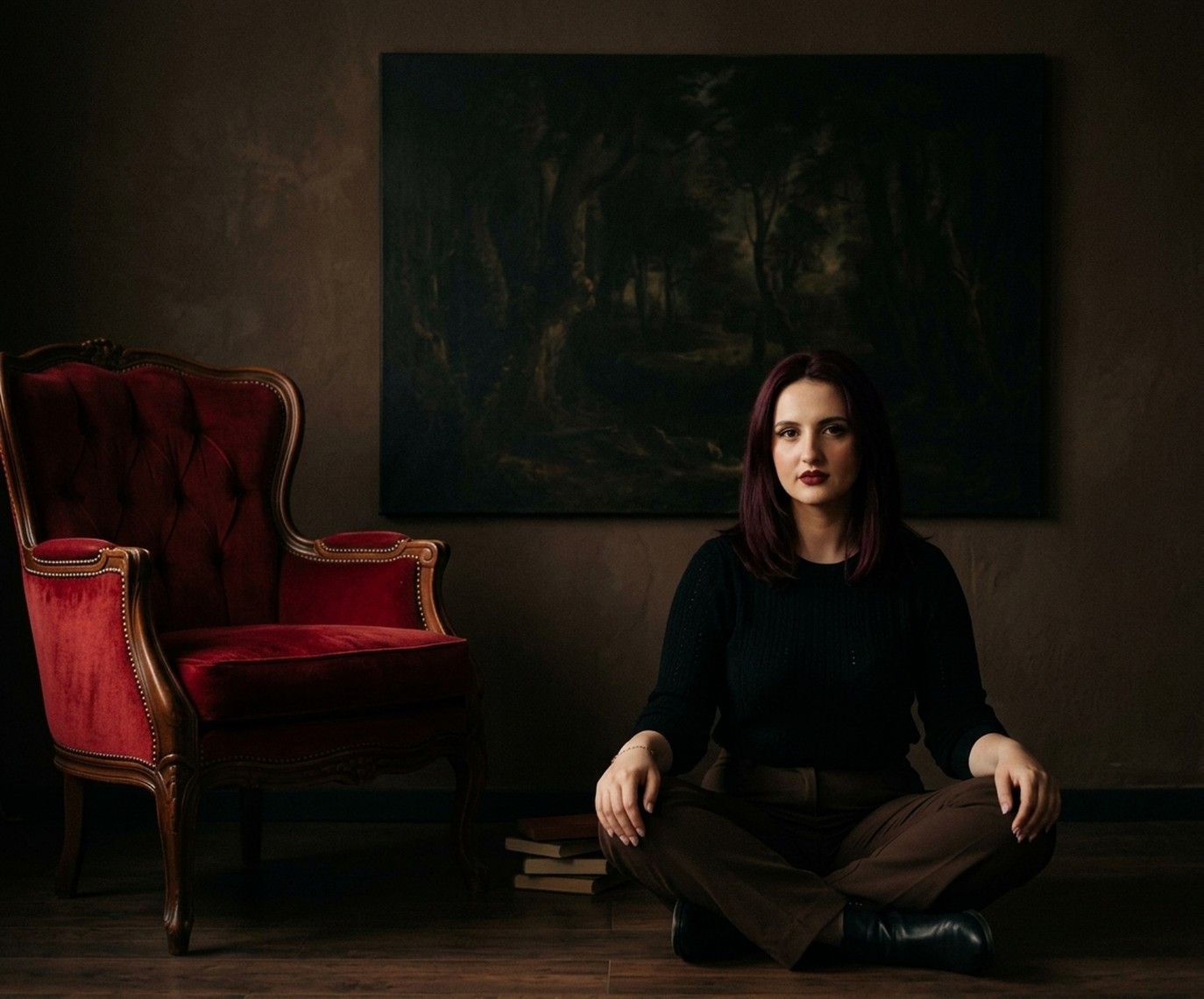 Tânără așezată pe podea în fața unei picturi vibrante cu siluetă feminină și lumină caldă în piept