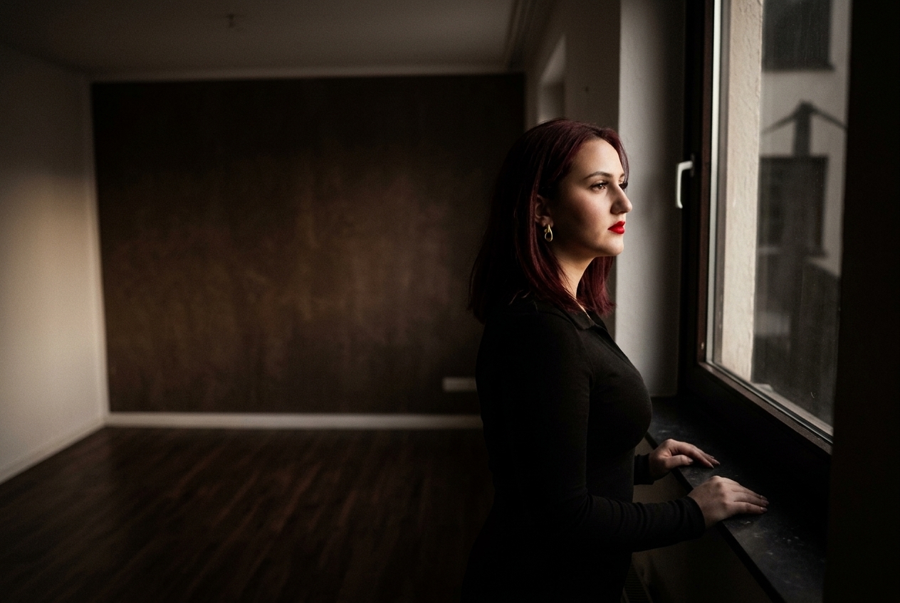 Alexia privește pe fereastră într-o cameră goală, cu o expresie gânditoare.