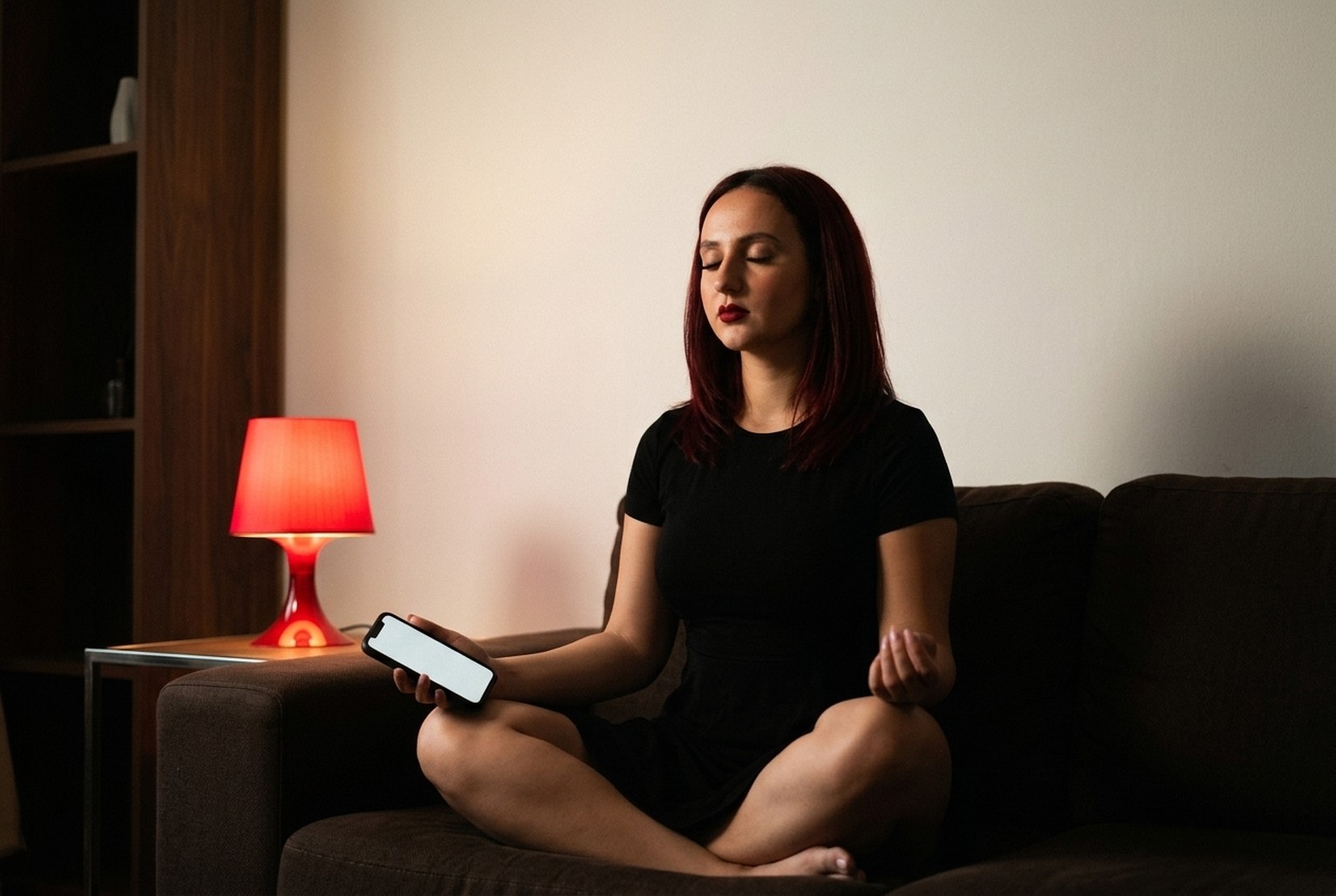 Tânără meditând cu telefonul în mână, între presiunea rețelelor sociale și un spațiu cald de reflecție personală