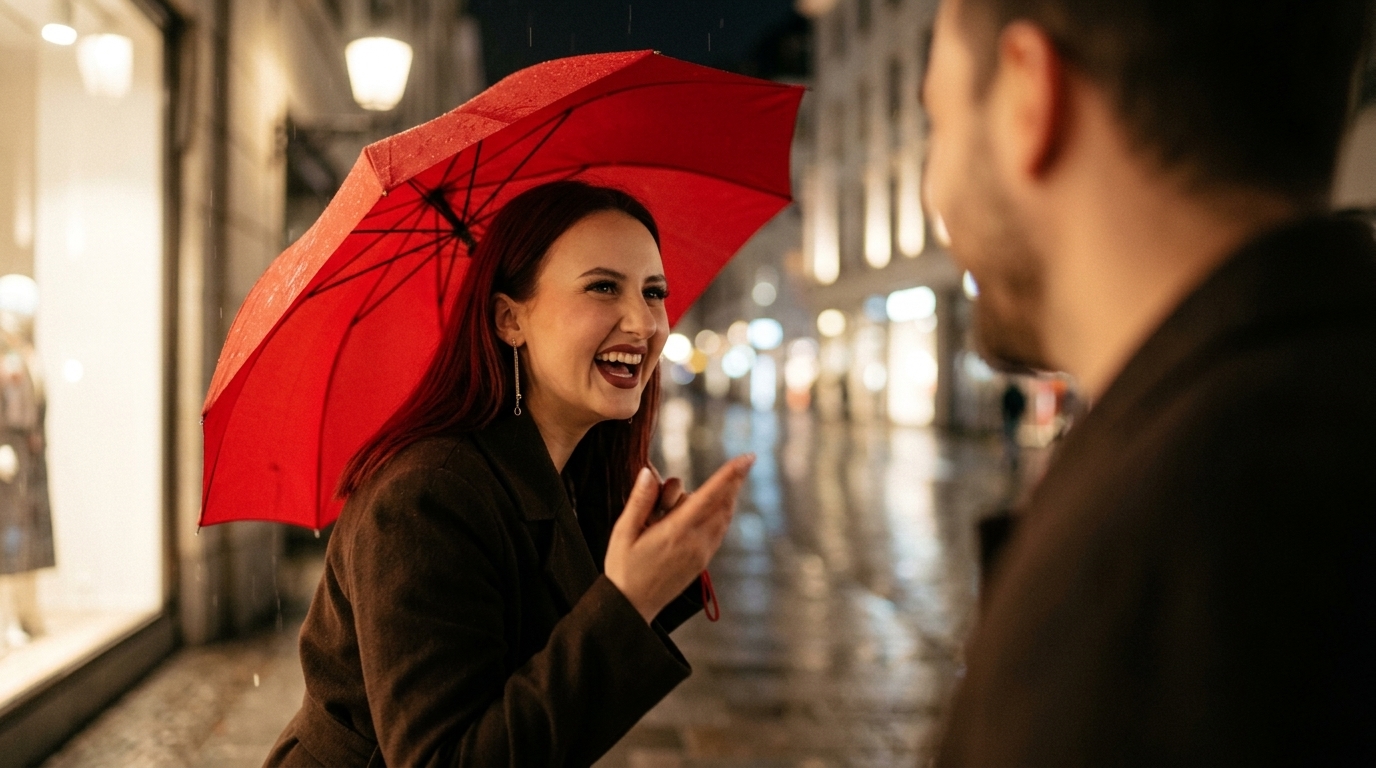 Femeie zâmbitoare sub o umbrelă roșie vorbește cu un bărbat pe o stradă ploioasă noaptea.