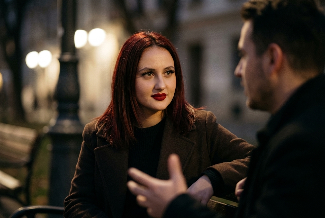 Alexia ascultă politicoasă un bărbat pe o bancă, cu un zâmbet reținut și privire ușor absentă