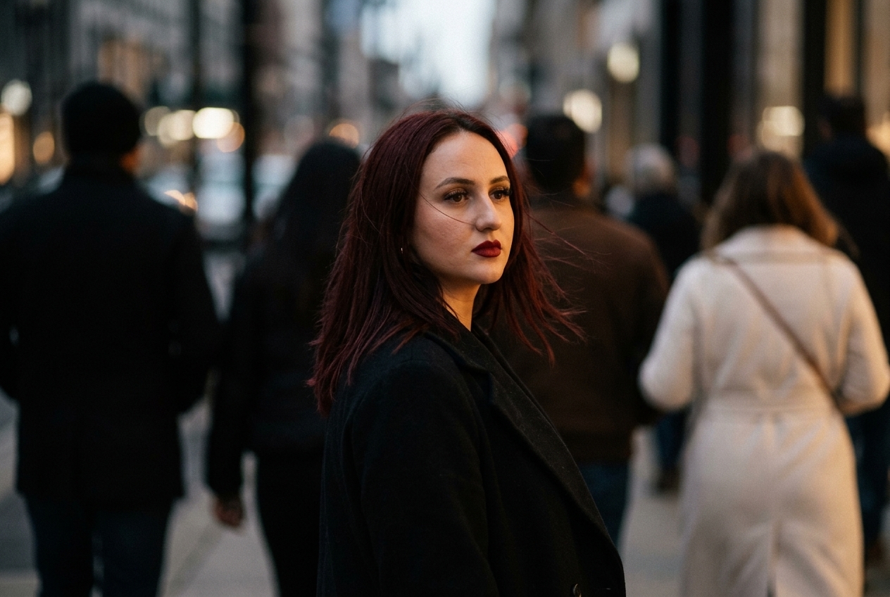 Alexia, îngândurată, merge prin mulțime pe o stradă aglomerată, în timp ce ceilalți trec grăbiți pe lângă ea